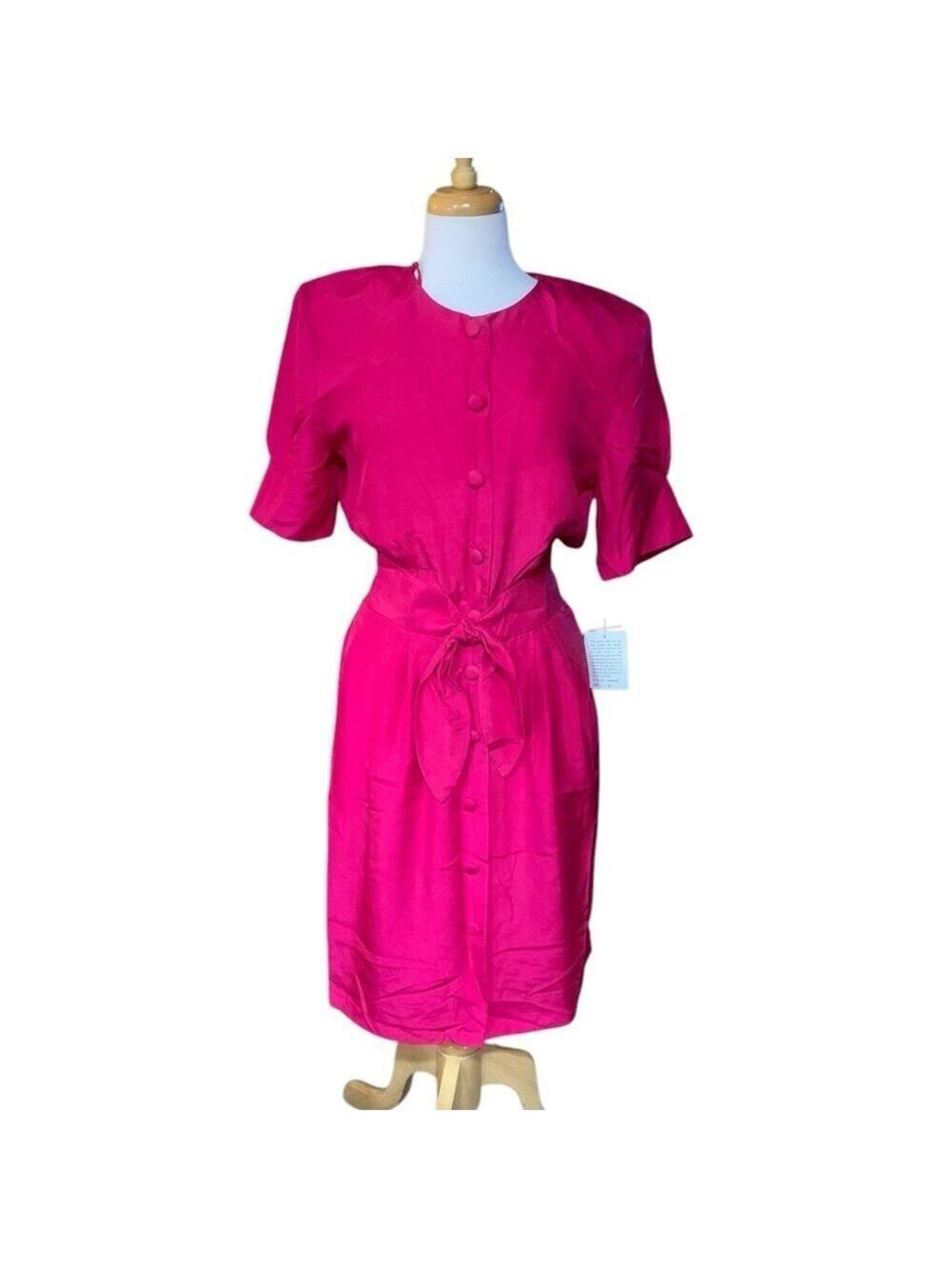Vntg 90’s NWT silk hot pink short sleeved button up midi dress size 8